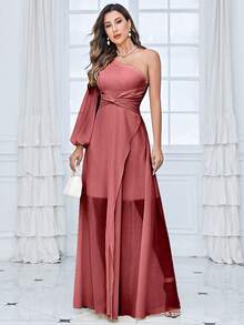 UNITHORSE 單肩燈籠袖前扭結雪紡伴娘連衣裙 - 紅木色 - 查看 7