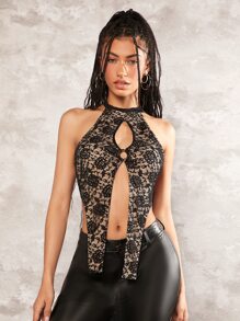 SHEIN ICON Floral Lace Cut Out Front Halter Top - Multicolor - View 4