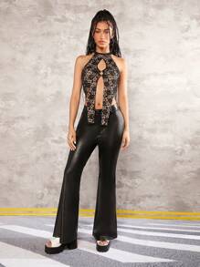 SHEIN ICON Floral Lace Cut Out Front Halter Top - Multicolor - View 5