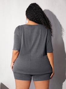 SHEIN CURVE+ Plus Alien & Letter Graphic Drop Shoulder Tee & Shorts - Dark Grey - View 2