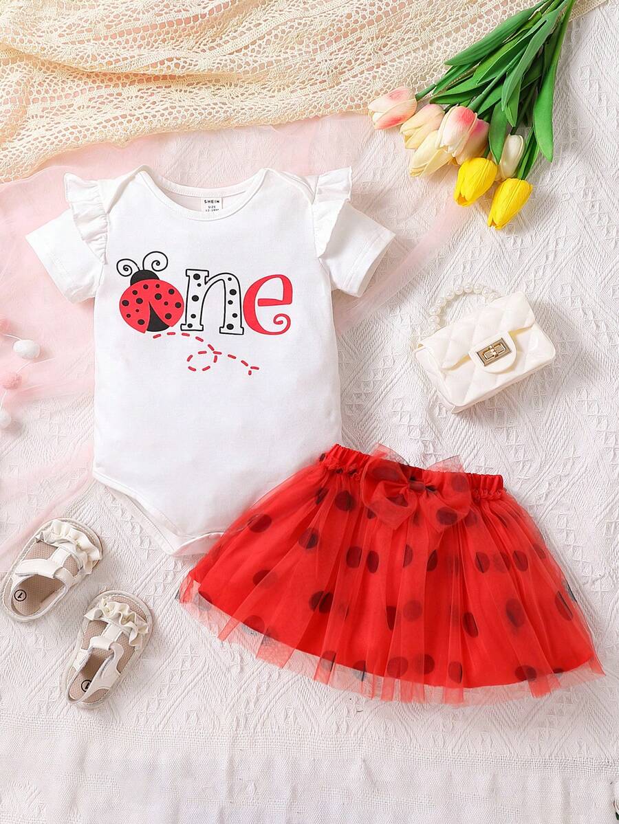 Baby Letter Graphic Ruffle Trim Bodysuit & Polka Dot Mesh Overlay Skirt - Red and White - View 1
