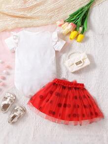 Baby Letter Graphic Ruffle Trim Bodysuit & Polka Dot Mesh Overlay Skirt - Red and White - View 2
