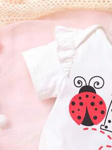 Baby Letter Graphic Ruffle Trim Bodysuit & Polka Dot Mesh Overlay Skirt - Red and White - View 3