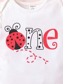 Baby Letter Graphic Ruffle Trim Bodysuit & Polka Dot Mesh Overlay Skirt - Red and White - View 4