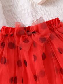 Baby Letter Graphic Ruffle Trim Bodysuit & Polka Dot Mesh Overlay Skirt - Red and White - View 6