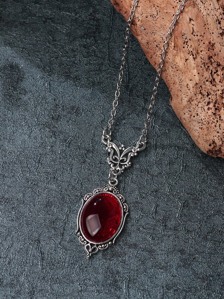 Oval Pendant Necklace - Red - View 2