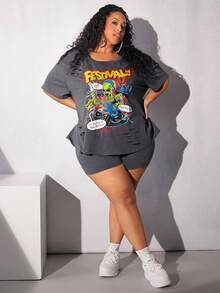 SHEIN CURVE+ Plus Alien & Letter Graphic Drop Shoulder Tee & Shorts - Dark Grey - View 4