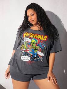 SHEIN CURVE+ Plus Alien & Letter Graphic Drop Shoulder Tee & Shorts - Dark Grey - View 6