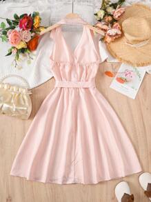 SHEIN Đầm Gái Lộ Lưng Trọn gói Sọc Giải trí - Hồng - Xem 2