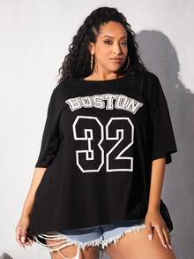 SHEIN CURVE+ Áo thun Plus size Lá thư Giải trí - màu đen - Xem 2