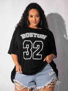 SHEIN CURVE+ Áo thun Plus size Lá thư Giải trí - màu đen - Xem 1