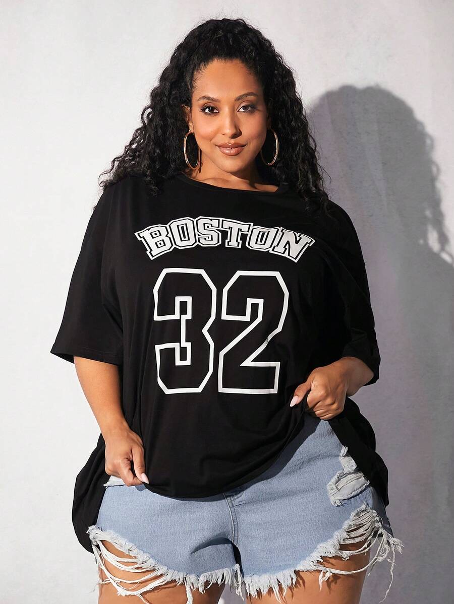 SHEIN CURVE+ Áo thun Plus size Lá thư Giải trí - màu đen - Xem 1