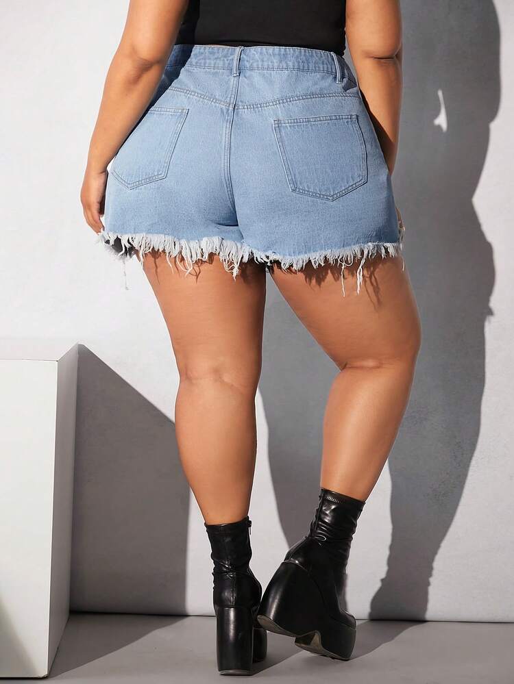 Plus Ripped Raw Hem Denim Shorts