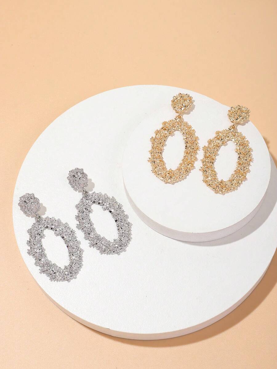 Textured Oval Drop Earrings - Yellow Gold - View 1