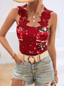 SHEIN VCAY 印花拼接水溶蕾絲寬帶上衣 - 彩色 - 查看 5