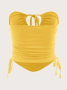 SHEIN ICON Tie Front Drawstring Side Bandana Hem Tube Top - Yellow - View 2
