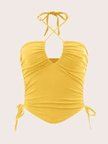 SHEIN ICON Tie Front Drawstring Side Bandana Hem Tube Top - Yellow - View 3