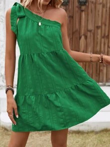 Breezaya Solid Knot One Shoulder Ruffle Hem Smock Dress - Green - View 4