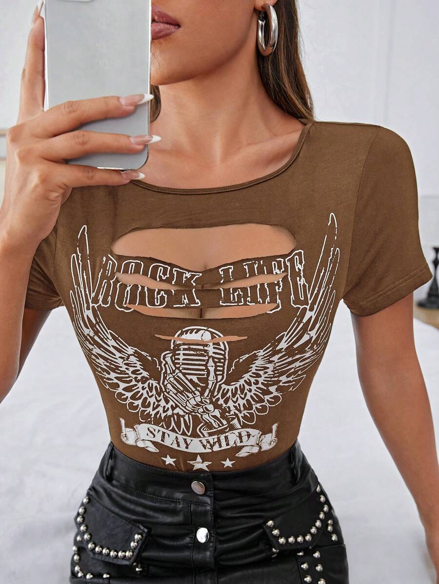 SHEIN ICON Skull & Letter Graphic Cut Out Front Tee - Mocha Brown - View 1