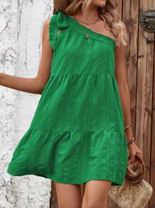 Breezaya Solid Knot One Shoulder Ruffle Hem Smock Dress - Green - View 6