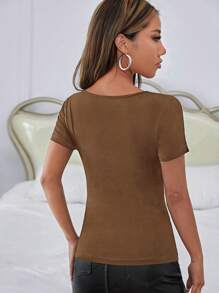 SHEIN ICON Skull & Letter Graphic Cut Out Front Tee - Mocha Brown - View 2