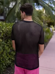 Manfinity Homme Men T-Shirts Fit Crew Neck Short Sleeve Sexy Fashion Men Summer Mesh Top Tee