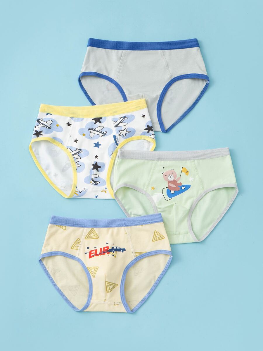 Chicos 4 piezas Calzoncillos con estampado de dibujos animados unido en contraste - Multicolor - Ver 1