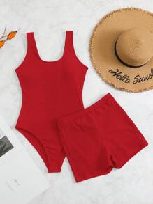 SHEIN Swim Summer Beach Plain One Piece Swimsuit With Shorts - Red - View 1