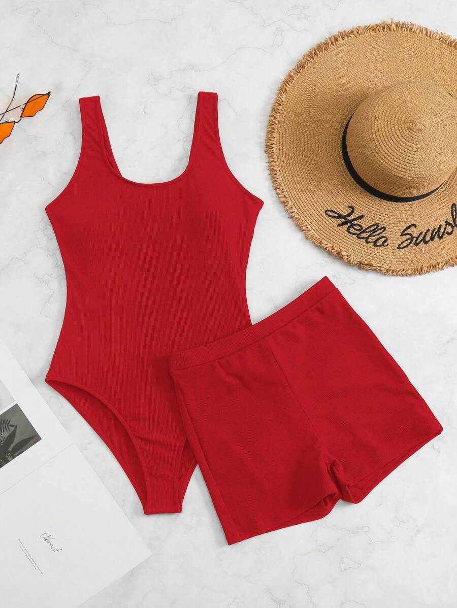 SHEIN Swim Summer Beach Plain One Piece Swimsuit With Shorts - Red - View 1