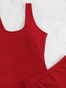 SHEIN Swim Summer Beach Plain One Piece Swimsuit With Shorts - Red - View 4