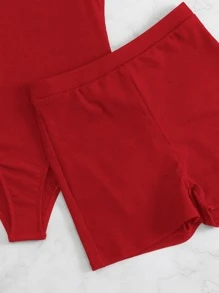 SHEIN Swim Summer Beach Plain One Piece Swimsuit With Shorts - Red - View 5