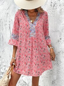 SHEIN VCAY 滿版印花荷葉袖娃娃裙 - 彩色 - 查看 1