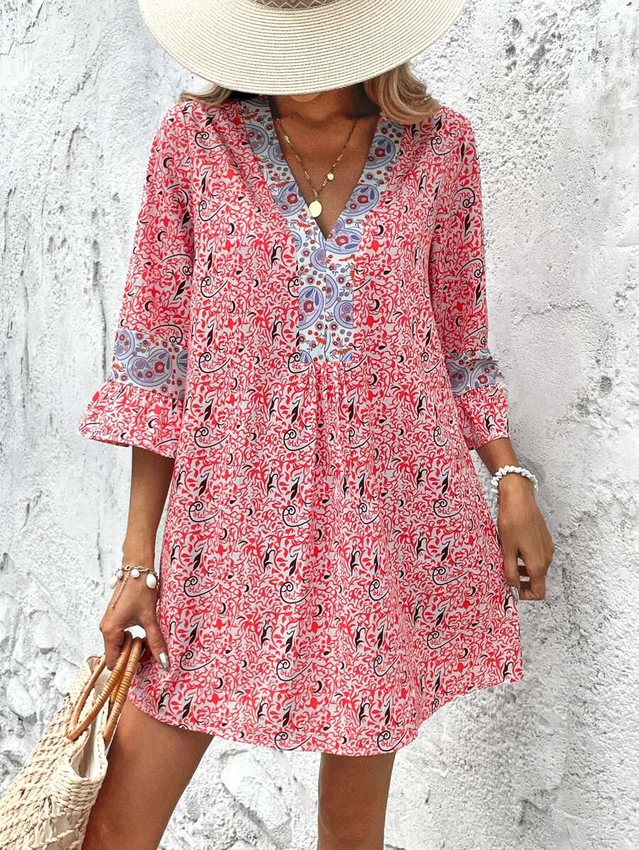 SHEIN VCAY 滿版印花荷葉袖娃娃裙 - 彩色 - 查看 1