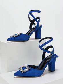 Crystal Embellished Pointed Toe Elegant High Heel Pumps - Blue - View 7
