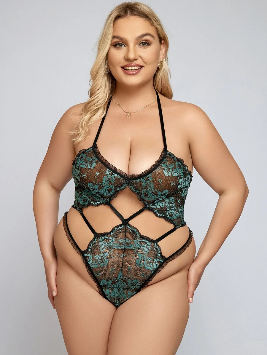 Plus Floral Lace Cut Out Halter Teddy Bodysuit - Multicolor - View 1