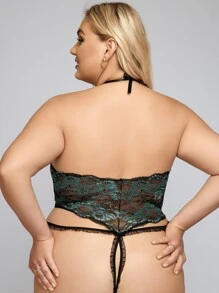 Plus Floral Lace Cut Out Halter Teddy Bodysuit - Multicolor - View 2