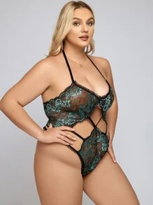 Plus Floral Lace Cut Out Halter Teddy Bodysuit - Multicolor - View 3