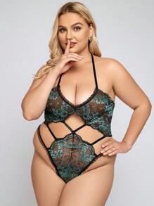Plus Floral Lace Cut Out Halter Teddy Bodysuit - Multicolor - View 4