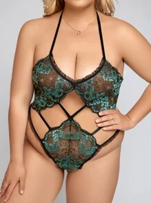Plus Floral Lace Cut Out Halter Teddy Bodysuit - Multicolor - View 6