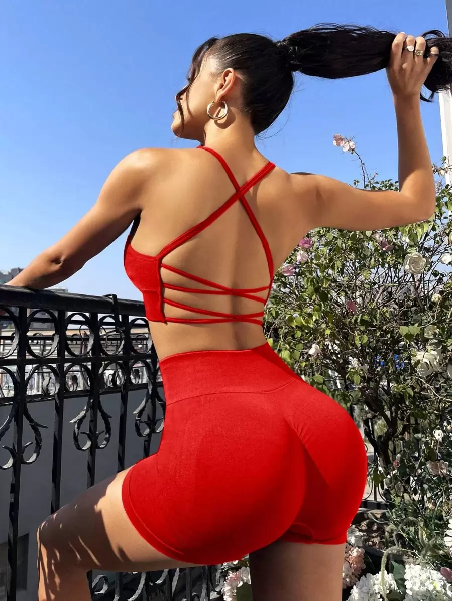Easithlete 纯色交叉露背运动套装，适合中国新年健身女士套装 - 紅色 - 查看 1