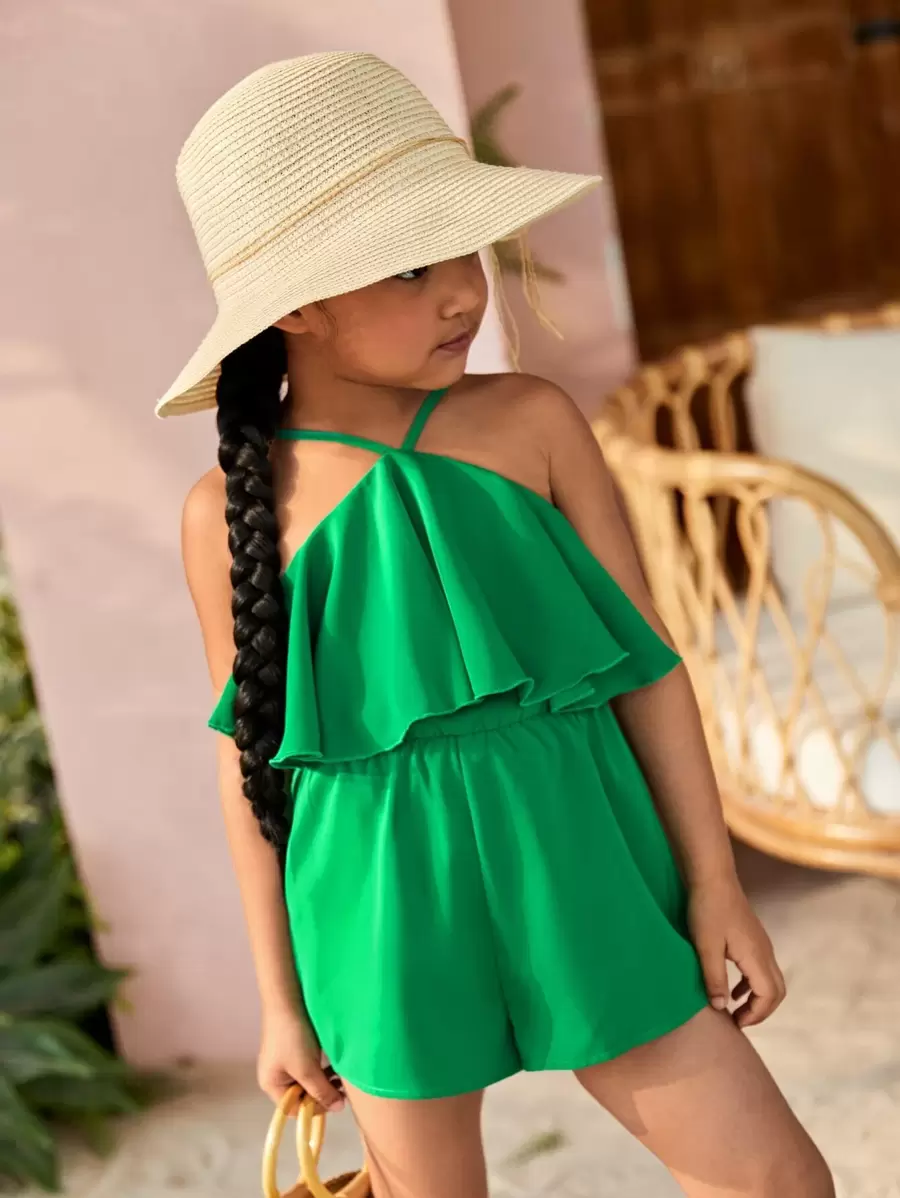 SHEIN Young Girl Woven Solid Color Elegant Vacation Adjustable Spaghetti Strap Ruffled Romper - Green - View 1