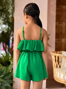 SHEIN Young Girl Woven Solid Color Elegant Vacation Adjustable Spaghetti Strap Ruffled Romper - Green - View 2