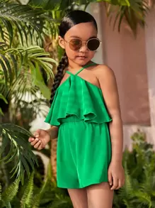 SHEIN Young Girl Woven Solid Color Elegant Vacation Adjustable Spaghetti Strap Ruffled Romper - Green - View 3