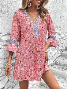 SHEIN VCAY 滿版印花荷葉袖娃娃裙 - 彩色 - 查看 4