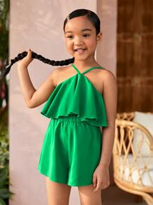 SHEIN Young Girl Woven Solid Color Elegant Vacation Adjustable Spaghetti Strap Ruffled Romper - Green - View 5