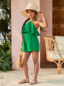 SHEIN Young Girl Woven Solid Color Elegant Vacation Adjustable Spaghetti Strap Ruffled Romper - Green - View 6