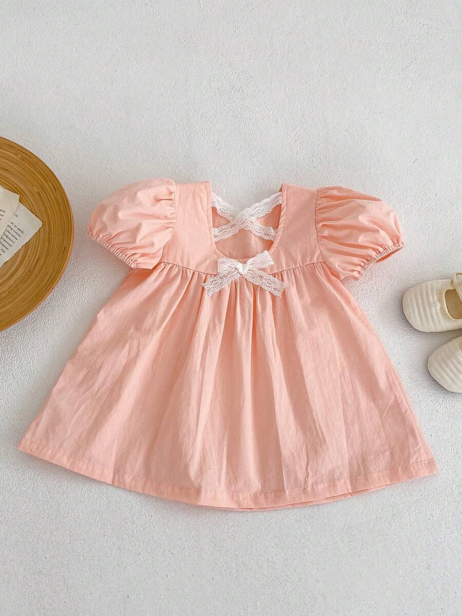 Đứa bé gái Quần áo Trẻ sơ sinh Đầm Màu hồng Dễ thương Mở Lưng Ống tay áo Bong bóng Đầm - Hồng - Xem 1