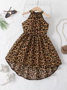 SHEIN 小女童豹紋印花高低下擺掛脖連衣裙 - 彩色 - 查看 1