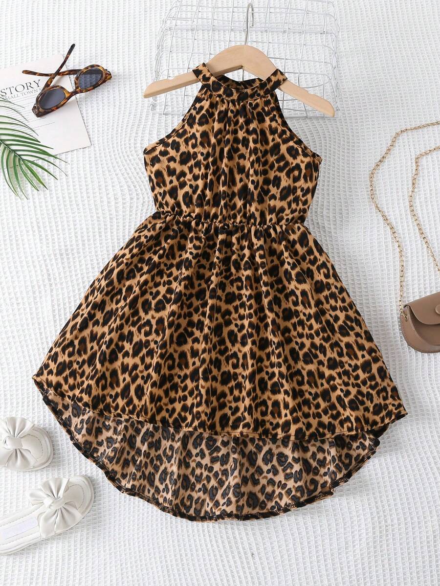 SHEIN 小女童豹紋印花高低下擺掛脖連衣裙 - 彩色 - 查看 1