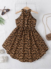 SHEIN 小女童豹紋印花高低下擺掛脖連衣裙 - 彩色 - 查看 2